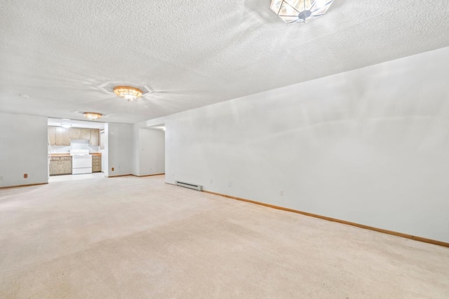 2591 Carver Ave E, Maplewood, MN 55119 - unfurnished living room with baseboards, a textured ceiling, light carpet, and a baseboard radiator
