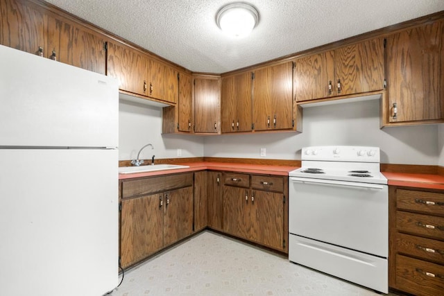 2591 Carver Ave E, Maplewood, MN 55119 - kitchen with white appliances, a sink, a textured ceiling, brown cabinets, and light flooring