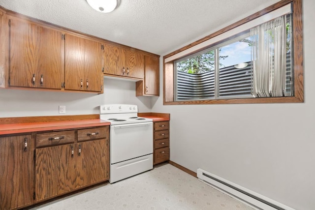 2591 Carver Ave E, Maplewood, MN 55119 - kitchen with electric stove, a baseboard heating unit, light flooring, a textured ceiling, and brown cabinets