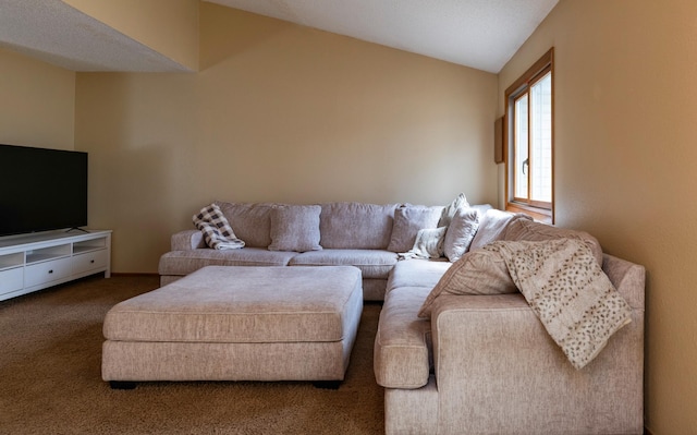 living room with carpet floors and lofted ceiling