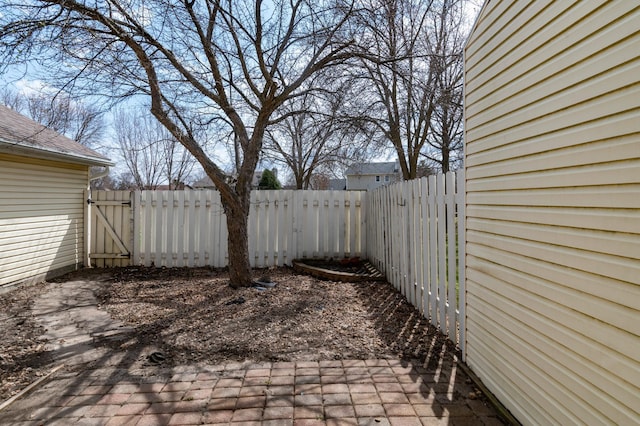 exterior space with a patio area, a fenced backyard, and a gate