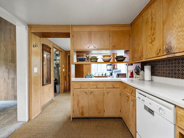 2595 Carver Ave E, Maplewood, MN 55119 - kitchen with dishwasher, carpet flooring, light countertops, backsplash, and open shelves