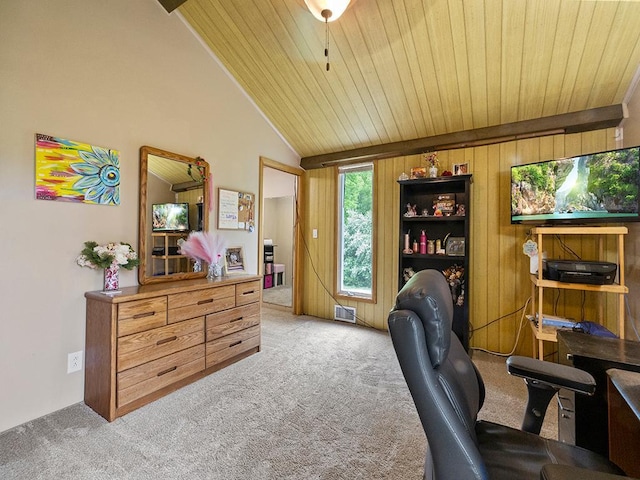 2595 Carver Ave E, Maplewood, MN 55119 - home office with light carpet, wood ceiling, vaulted ceiling, and wood walls