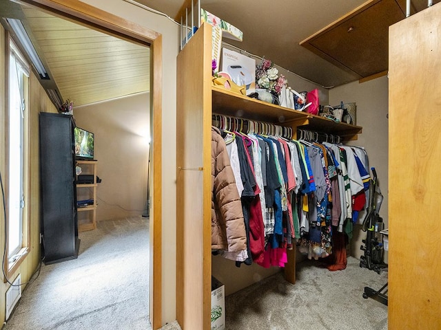 2595 Carver Ave E, Maplewood, MN 55119 - spacious closet featuring carpet floors, vaulted ceiling, and attic access