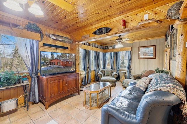 45570 Star Lake Rd, Marcell, MN 56657 - living room featuring light tile patterned floors, wooden walls, ceiling fan, and wood ceiling