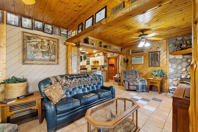 45570 Star Lake Rd, Marcell, MN 56657 - living room with light tile patterned floors, wood ceiling, wood walls, and a ceiling fan