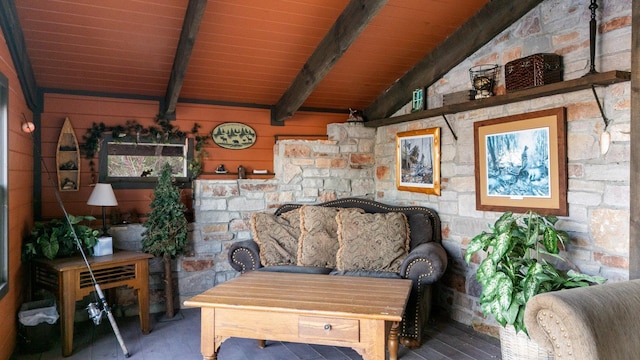 45570 Star Lake Rd, Marcell, MN 56657 - interior space with wood ceiling and vaulted ceiling with beams