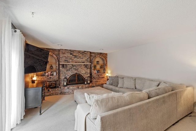 2915 Alvarado Ln N, Plymouth, MN 55447 - living room featuring light colored carpet, a textured ceiling, a brick fireplace, and built in shelves