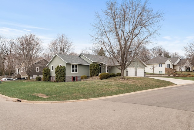 ranch-style home featuring driveway, a garage, a residential view, and a front lawn