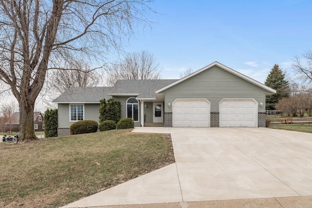 ranch-style house featuring roof with shingles, a front lawn, brick siding, an attached garage, and driveway