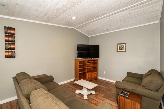 living room with recessed lighting, wooden ceiling, crown molding, vaulted ceiling, and baseboards