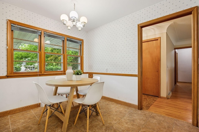 9017 31st St, Saint Louis Park, MN 55426 - dining area featuring wallpapered walls, a chandelier, and light tile patterned floors