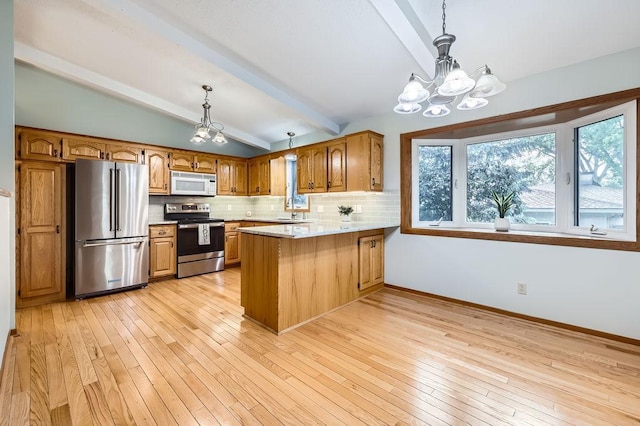 211 Mckinley St, Anoka, MN 55303 - kitchen featuring stainless steel appliances, a chandelier, a peninsula, backsplash, and brown cabinetry