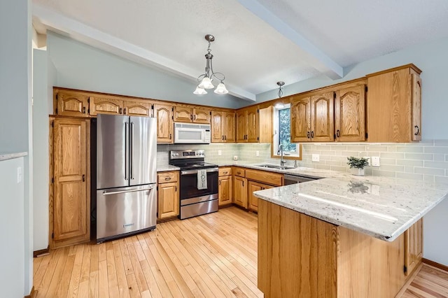 211 Mckinley St, Anoka, MN 55303 - kitchen featuring appliances with stainless steel finishes, a peninsula, a sink, brown cabinets, and tasteful backsplash