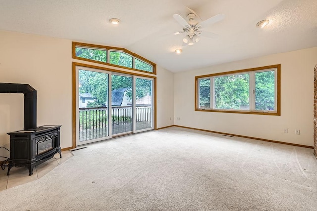 211 Mckinley St, Anoka, MN 55303 - unfurnished living room with a wood stove, carpet, baseboards, and lofted ceiling