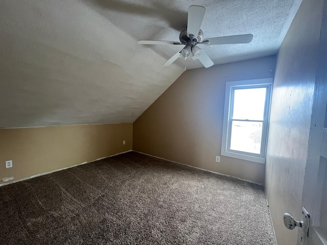 additional living space featuring a textured ceiling, a ceiling fan, lofted ceiling, and carpet floors
