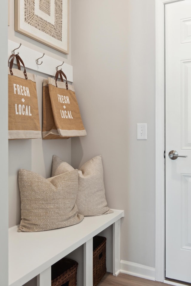 mudroom featuring baseboards and wood finished floors