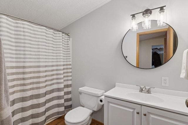 34115 Malmberg Ave, Chisago Lake Twp, MN 55045 - bathroom featuring vanity, a textured ceiling, a shower with shower curtain, and wood finished floors