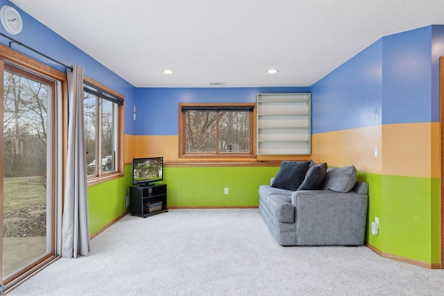 34115 Malmberg Ave, Chisago Lake Twp, MN 55045 - living area featuring wainscoting, carpet, and recessed lighting