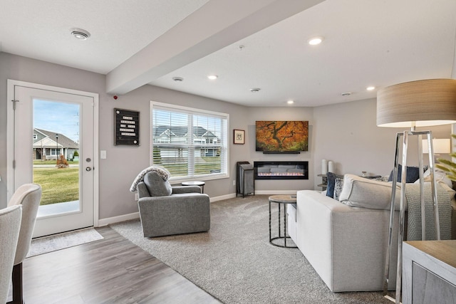 9444 Bridle Way, Victoria, MN 55386 - living room with baseboards, recessed lighting, a glass covered fireplace, and wood finished floors