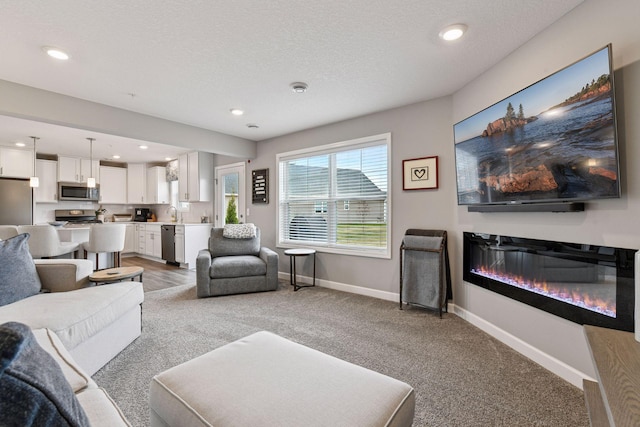 9444 Bridle Way, Victoria, MN 55386 - living room with light colored carpet, baseboards, recessed lighting, and a textured ceiling