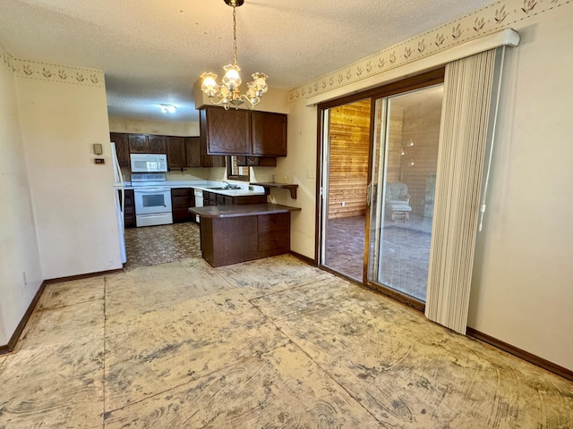 kitchen featuring white appliances, a peninsula, dark brown cabinetry, baseboards, and a textured ceiling
