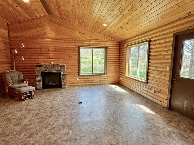 unfurnished living room featuring vaulted ceiling, a stone fireplace, and wood ceiling