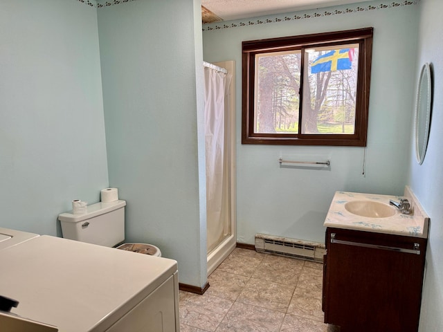 bathroom featuring a baseboard radiator, vanity, baseboards, and curtained shower