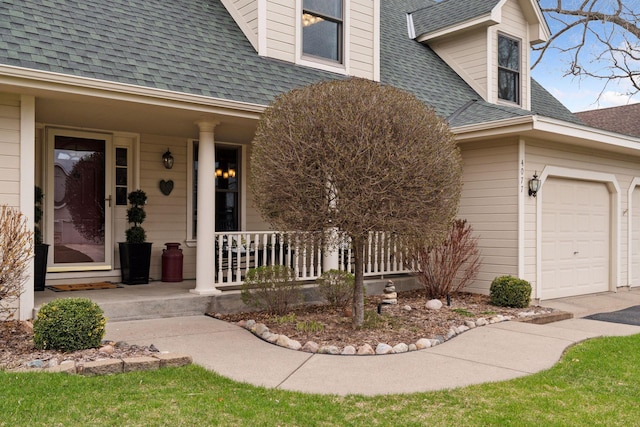 property entrance with covered porch and roof with shingles