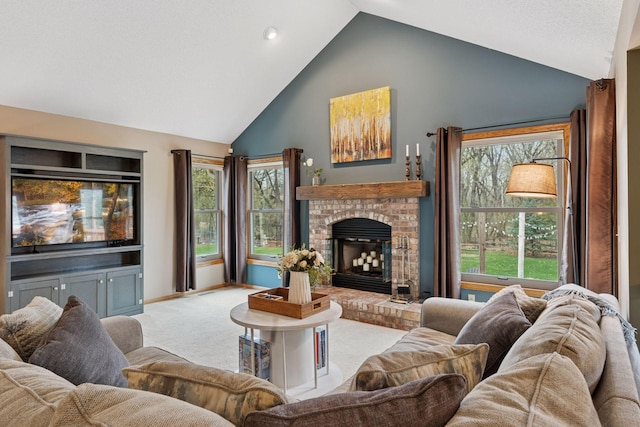 carpeted living room featuring baseboards, high vaulted ceiling, and a fireplace