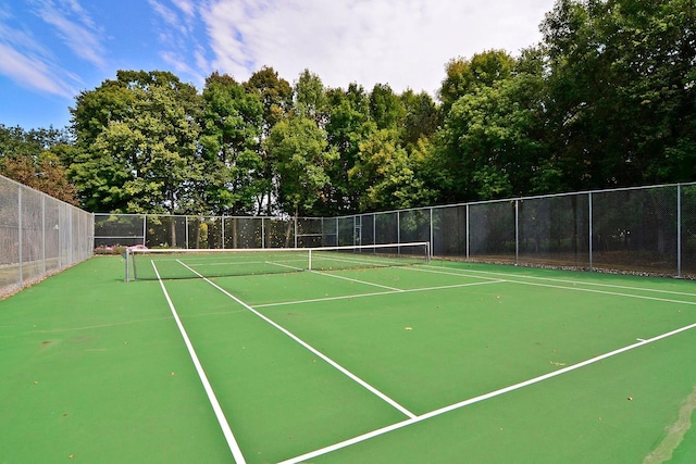 view of tennis court featuring fence