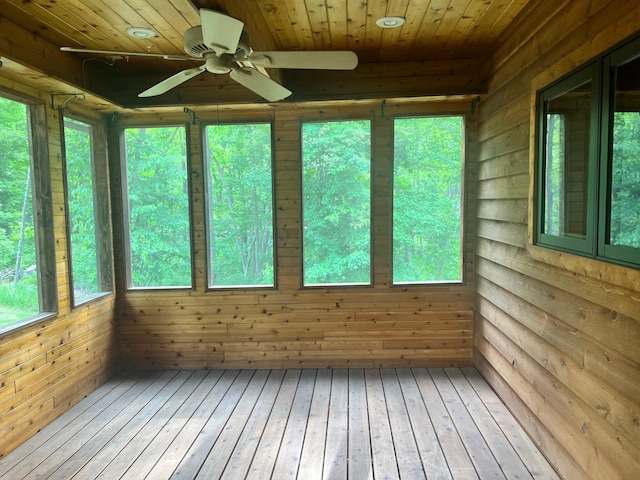 10822 Steamboat Loop NW, Walker, MN 56484 - unfurnished sunroom featuring a ceiling fan, wood walls, wood ceiling, hardwood / wood-style flooring, and a relaxing sauna
