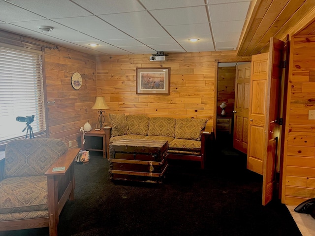 10822 Steamboat Loop NW, Walker, MN 56484 - living area with wood walls, carpet flooring, and a drop ceiling