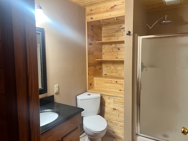 10822 Steamboat Loop NW, Walker, MN 56484 - bathroom featuring vanity, a shower stall, wooden walls, and wood ceiling