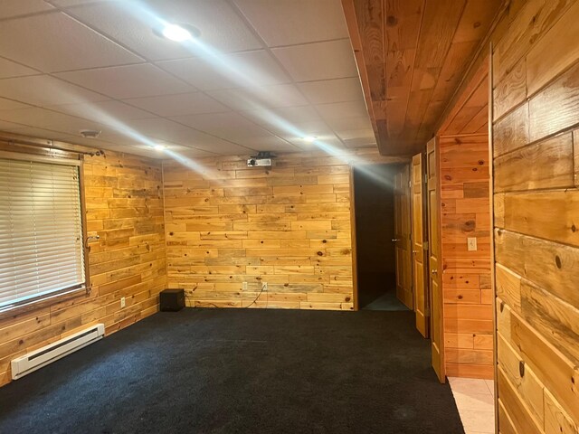10822 Steamboat Loop NW, Walker, MN 56484 - empty room with a baseboard radiator, wood walls, and light carpet