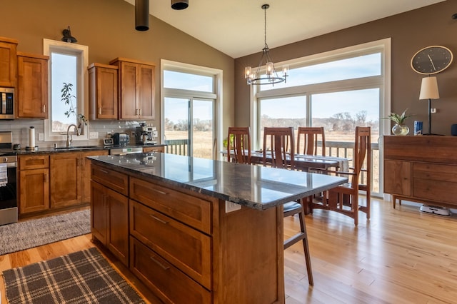 21107 Ghia St NE, East Bethel, MN 55011 - kitchen with appliances with stainless steel finishes, light wood-type flooring, brown cabinetry, lofted ceiling, and a sink