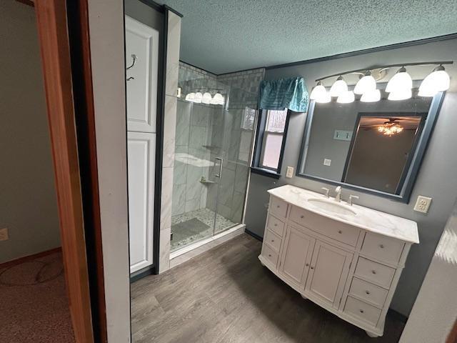 54966 Rainbow Rd, Sand Lake Twp, MN 56636 - full bathroom with wood finished floors, a shower stall, vanity, and a textured ceiling