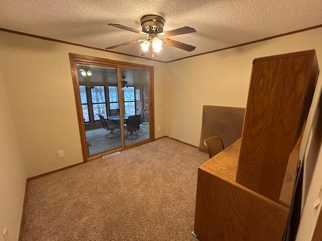 54966 Rainbow Rd, Sand Lake Twp, MN 56636 - unfurnished office with a textured ceiling, a ceiling fan, ornamental molding, and light carpet