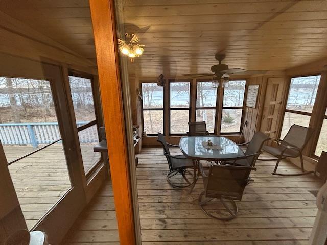54966 Rainbow Rd, Sand Lake Twp, MN 56636 - sunroom featuring wood-type flooring, wood ceiling, and healthy amount of natural light