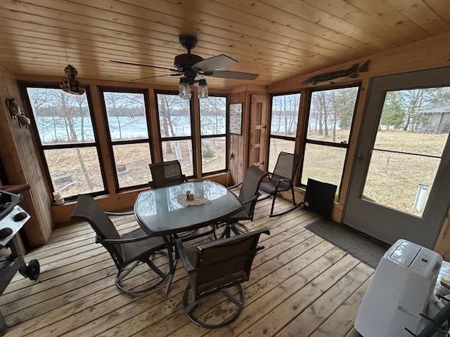 54966 Rainbow Rd, Sand Lake Twp, MN 56636 - sunroom with hardwood / wood-style floors, wood ceiling, a deck, and lofted ceiling