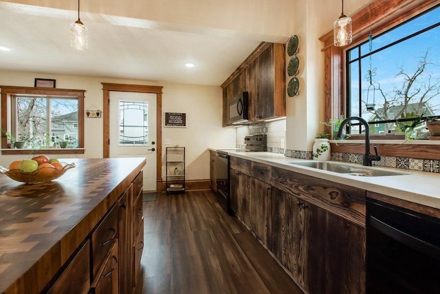 kitchen featuring black appliances, dark wood-style flooring, a wealth of natural light, and a sink