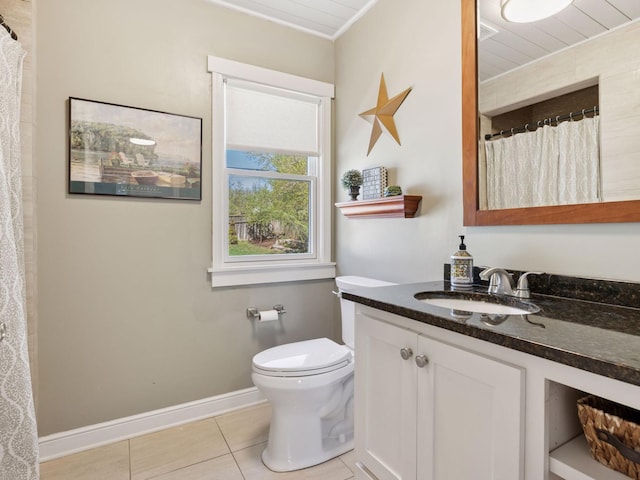 full bathroom featuring tile patterned flooring, toilet, vanity, ornamental molding, and baseboards