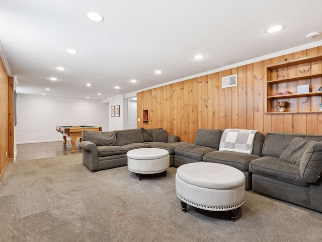 living room featuring pool table, recessed lighting, wooden walls, carpet flooring, and baseboards