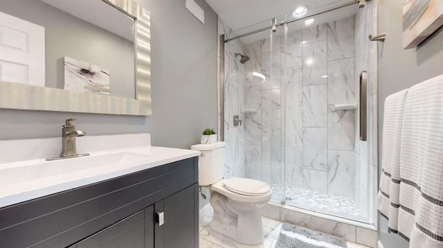 11373 Balsam Way, Woodbury, MN 55129 - bathroom featuring a marble finish shower, toilet, marble finish floor, and vanity