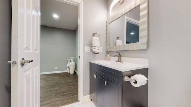 11373 Balsam Way, Woodbury, MN 55129 - bathroom featuring baseboards, vanity, and wood finished floors