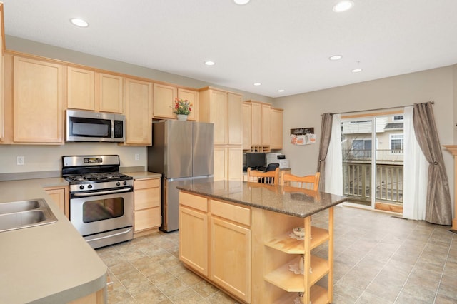 13775 54th Ave N, Plymouth, MN 55446 - kitchen featuring stainless steel appliances, light brown cabinetry, recessed lighting, a center island, and light tile patterned floors