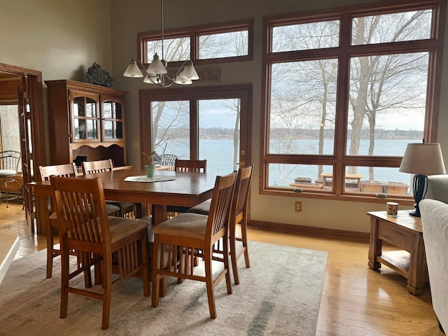 dining space featuring baseboards, light wood finished floors, a water view, and a chandelier