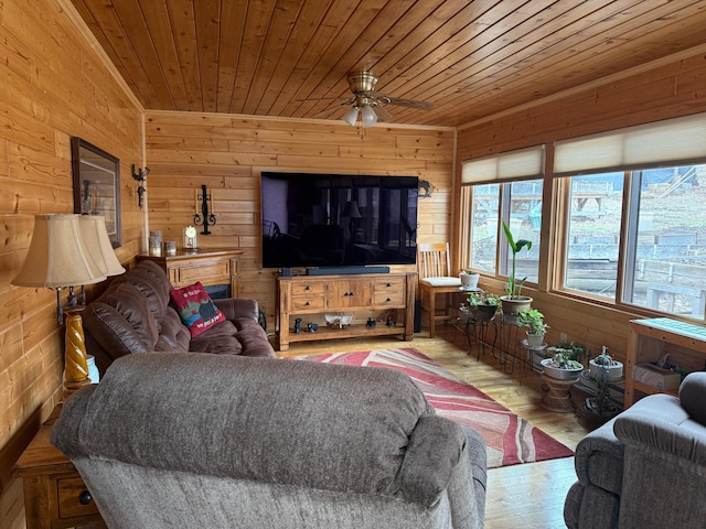 living area featuring wood finished floors, wooden walls, and wooden ceiling