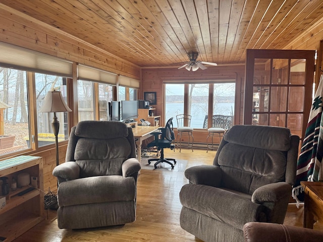 living area with wooden walls, wooden ceiling, ceiling fan, and wood-type flooring