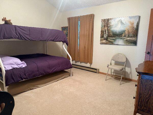 bedroom featuring baseboards, baseboard heating, and carpet